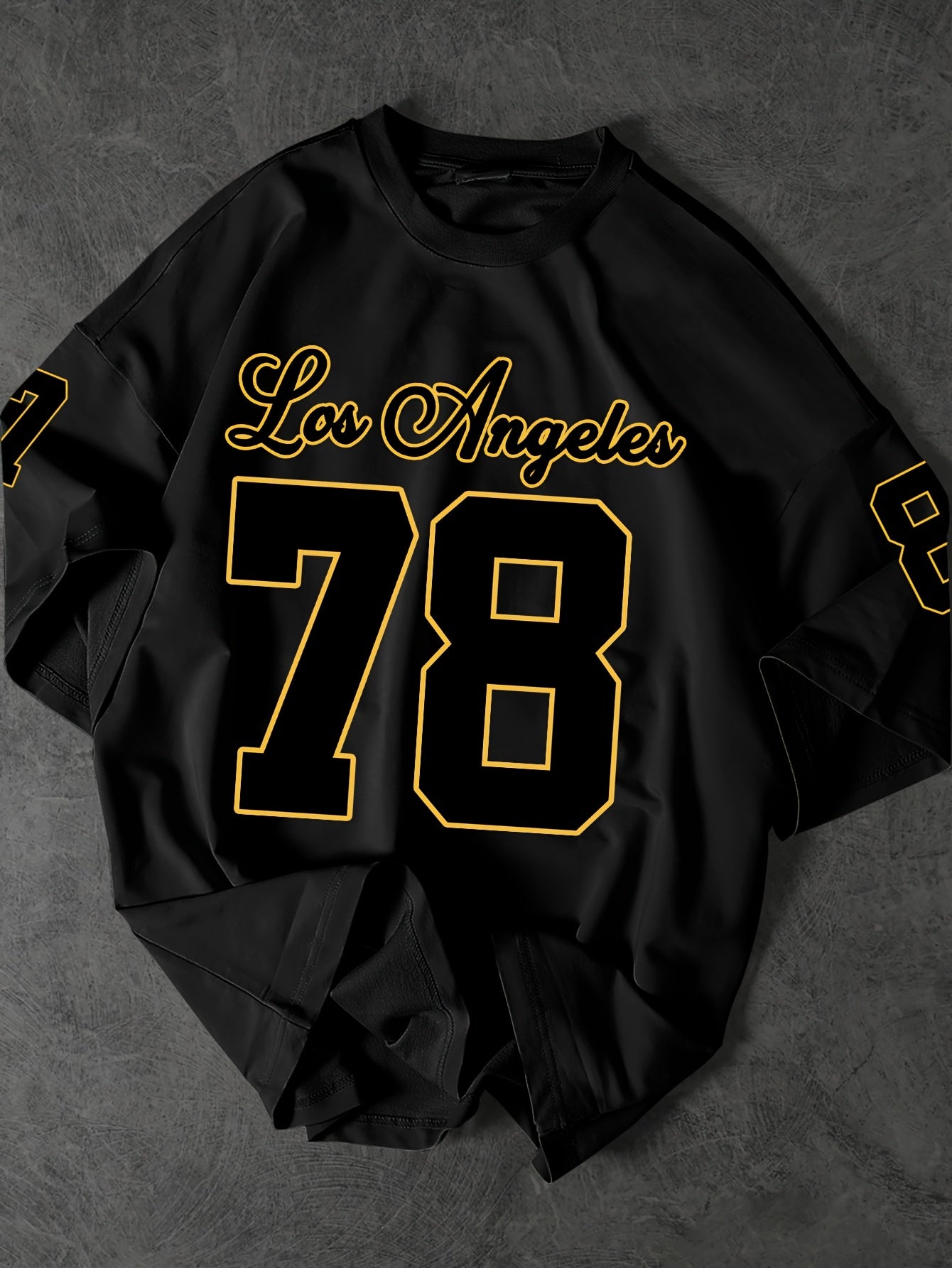 Men's Los Angeles 78 Graphic Tee - Casual Loose Fit, Black Polyester Short Sleeve T-Shirt with Bold Number Print, Machine Washable